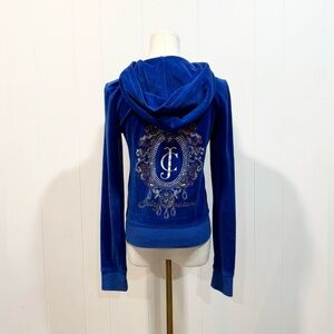 Vintage Juicy Couture Sapphire Blue Velour Rhinestone Crown Track Jacket Medium